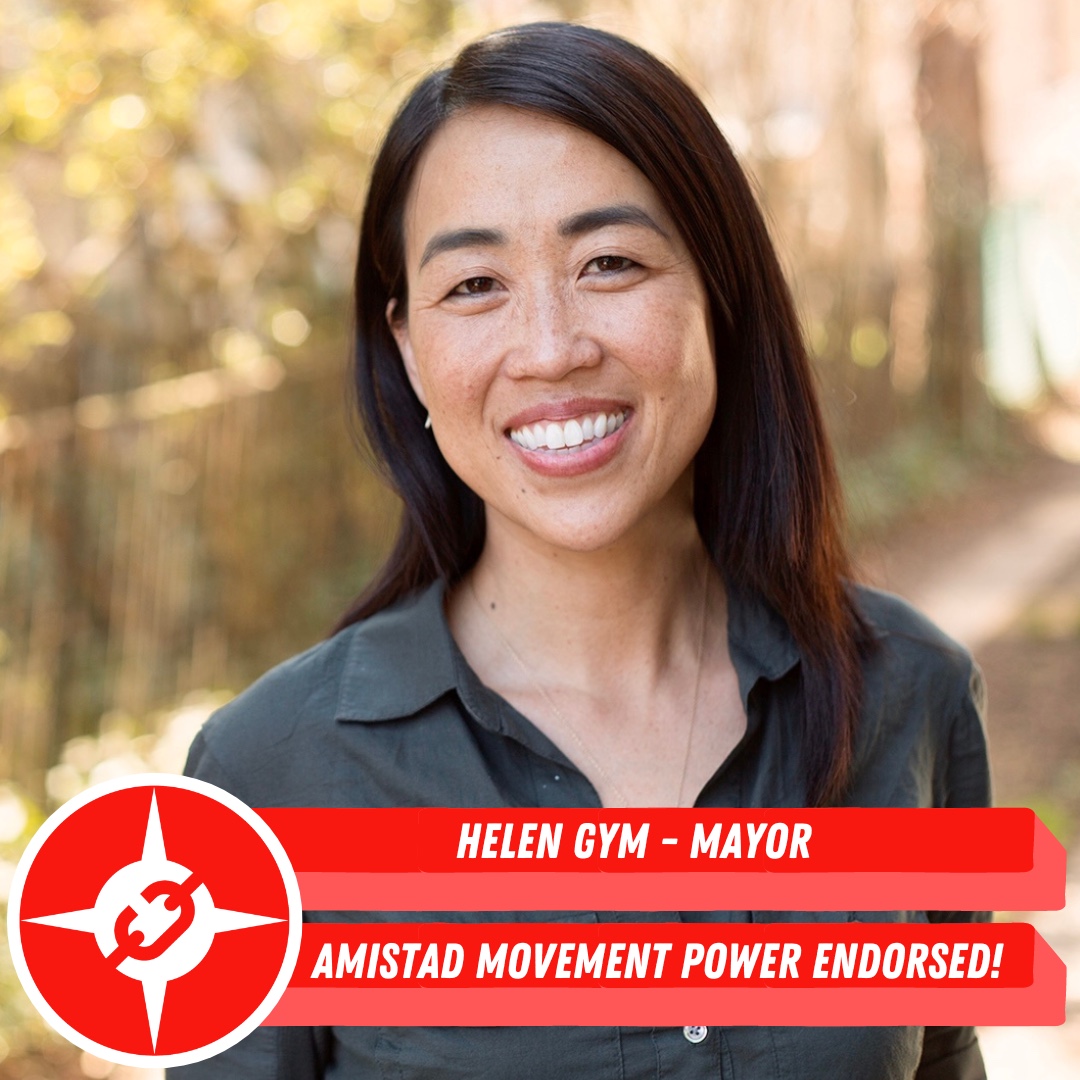 a photo shows helen gym and reads 'amistad movement power' endorsed