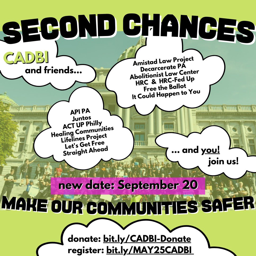 a flyer reads 'Second Chances Make Our Communities Safer' and urges people to come to a Harrisburg rally on Setptember 20