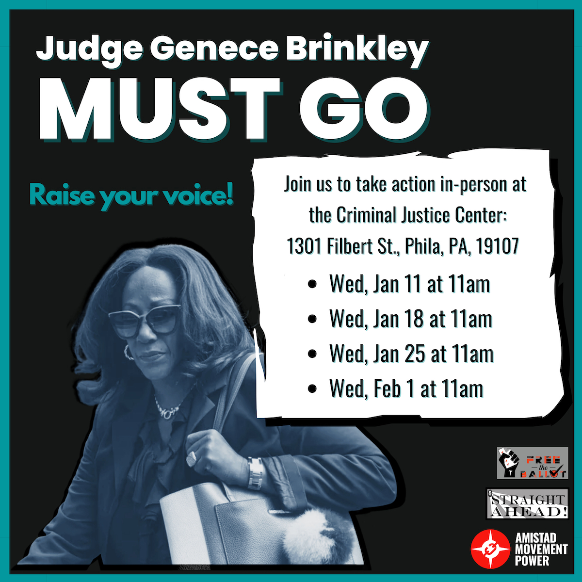 Flyer shows times when rallies will be held to demand Judge Brinkley's resignation whiich is also in text of blog post