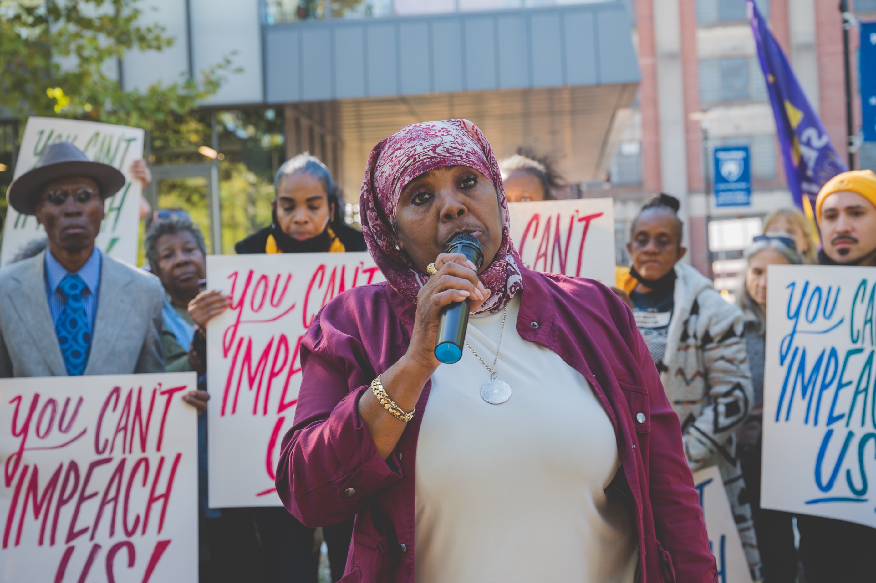Movita Johnson-Harrell who lost her two sons to gun violence speaks against the impeachment of DA Krasner (photo by Cathie Berry of BeauMonde Originals)