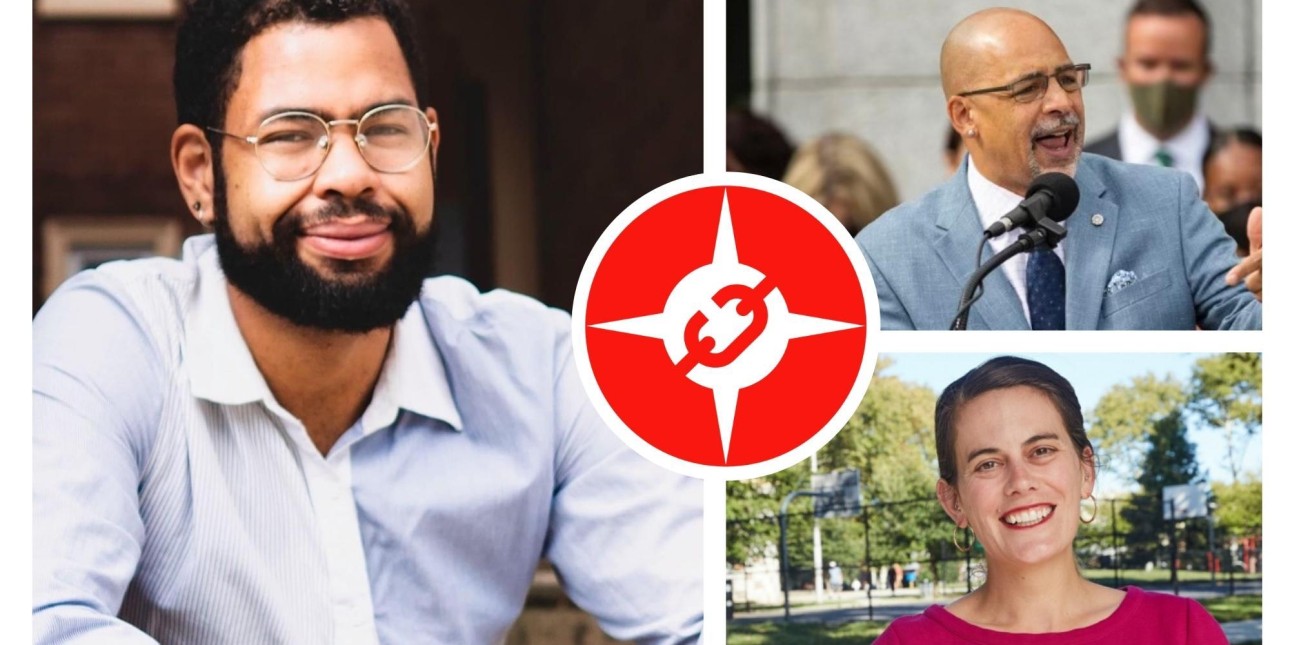 a photo of collage shows rick krajewski, Elizabeth fiedler and chris rabb with the amistad movement power logo at the center