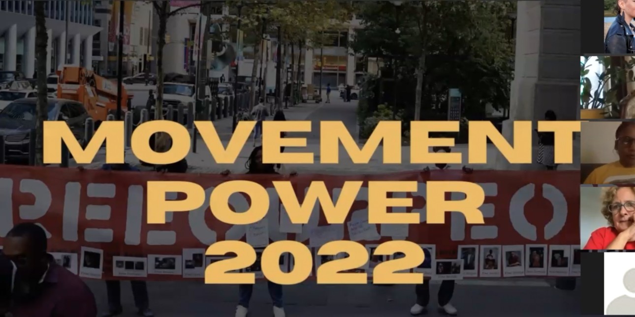 A background shows the words 'Movement Power 2022' transposed over the photo of a rally and with some zoom attendees on the right 