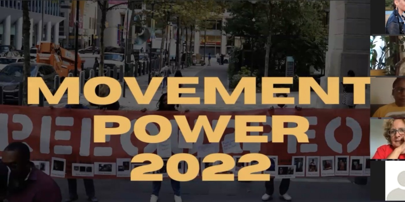 A background shows the words 'Movement Power 2022' transposed over the photo of a rally and with some zoom attendees on the right