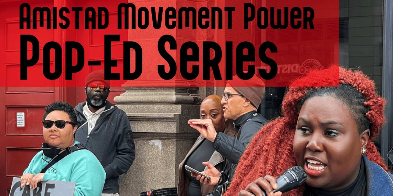 Nikki Grant holds a mic as Kris Henderson looks on holding a 'Care Not Cops' poster. Text over the graphic reads 'Amistad Movement Power Pop-Ed Series 'Alternatives to Policing' Thursday, June 30th at 6 PM