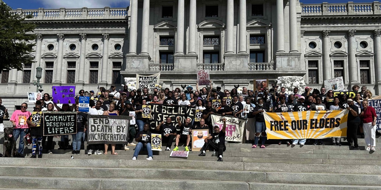 A crowd shot shows hundreds rallying for second chances on the PA Capitol steps