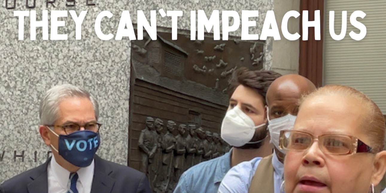 a graphic showa DA Larry Krasner and Mrs Dee Dee with the words 'You Can't Impeach Us' over head