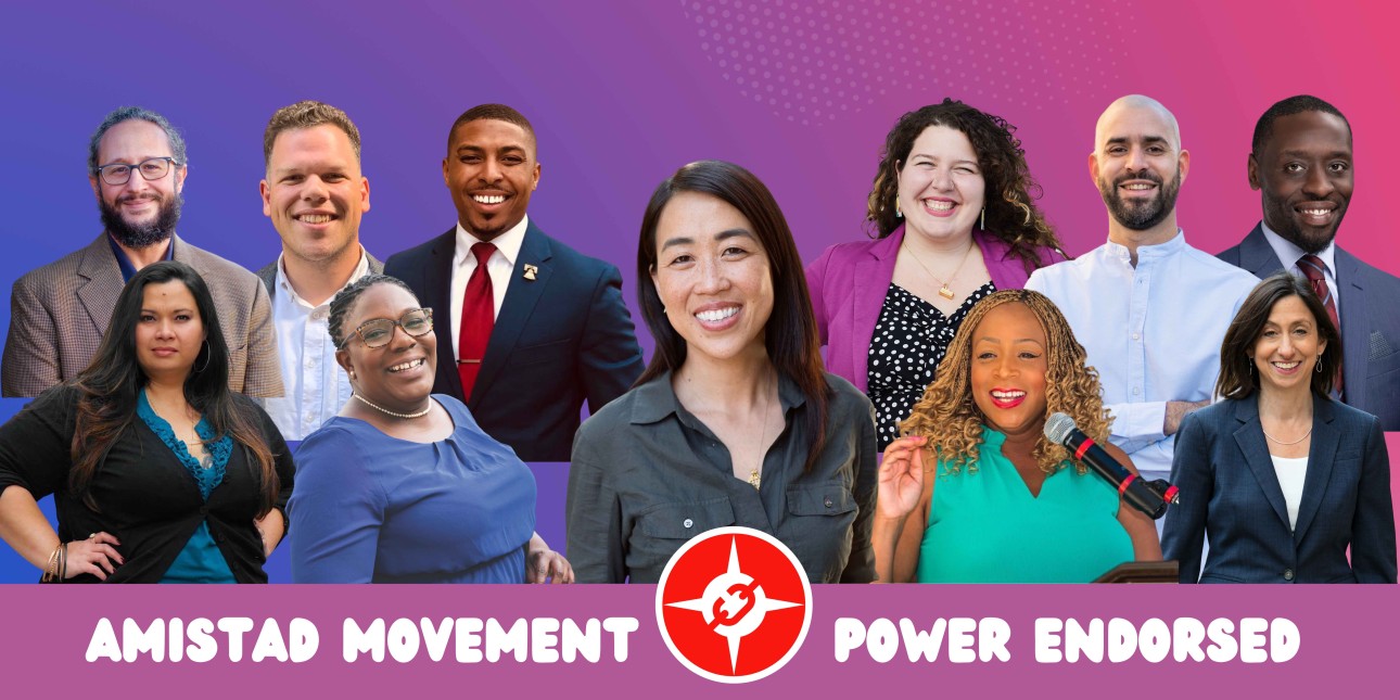 a graphic shows candidates endorsed by Amistad Movement Power (mentioned in the article) with a purple and pink background