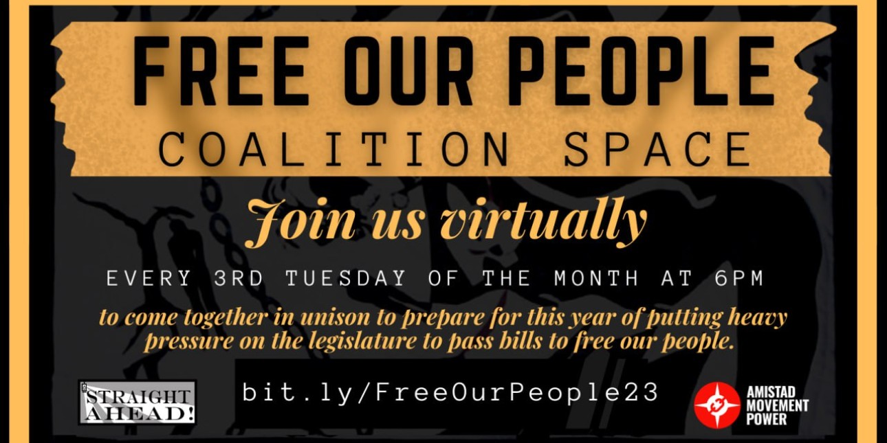 A flier reads 'Free Our Coalition Space: Join Us Virtually Every 3rd Tuesday at 6 PM