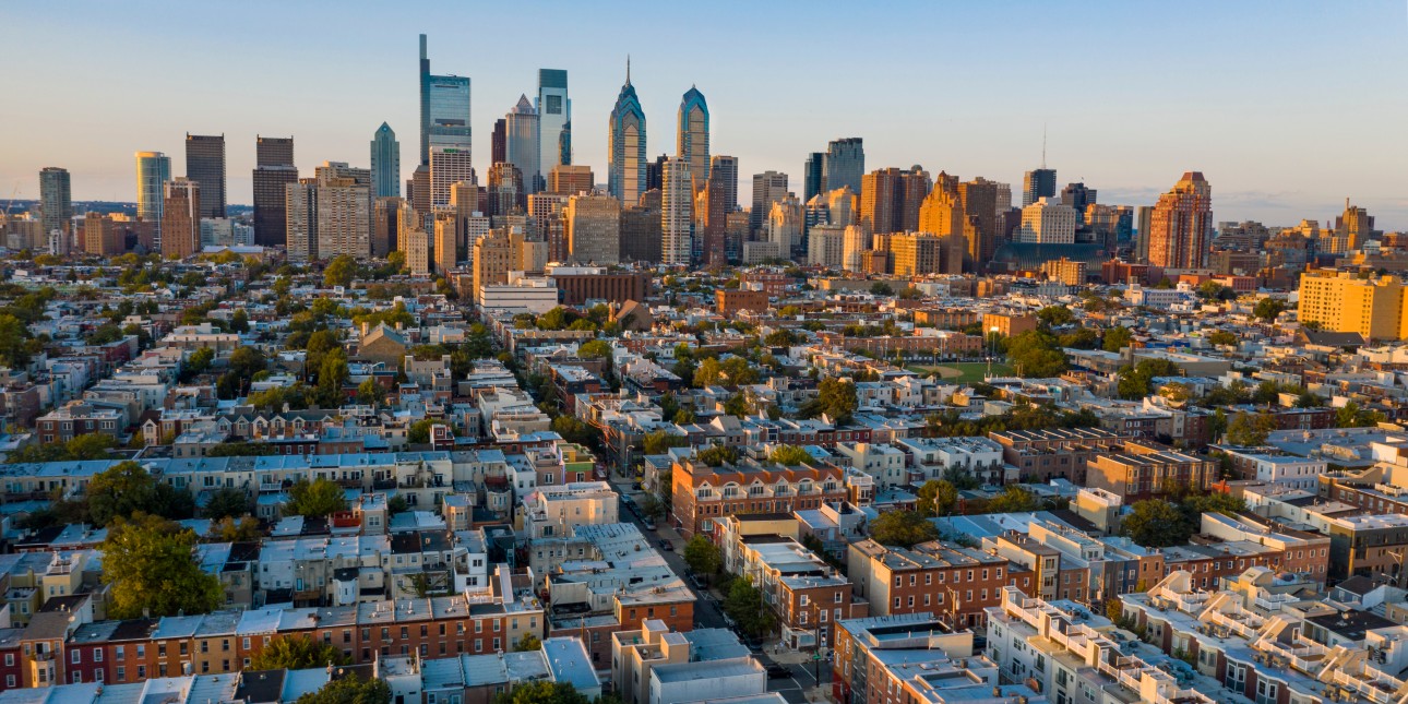 an image shows an aerial view of the city of philadelphia