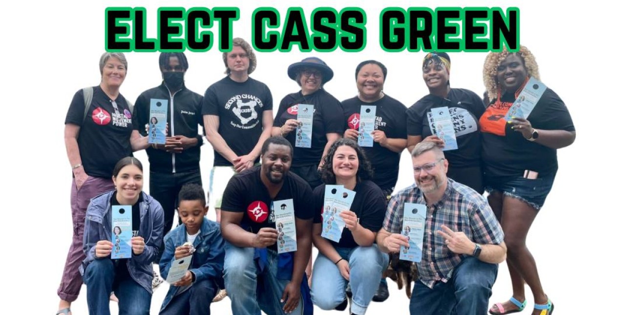 Amistad Movement Power canvassers pose for a photo under a headline that says we're joining forces to elect cass green