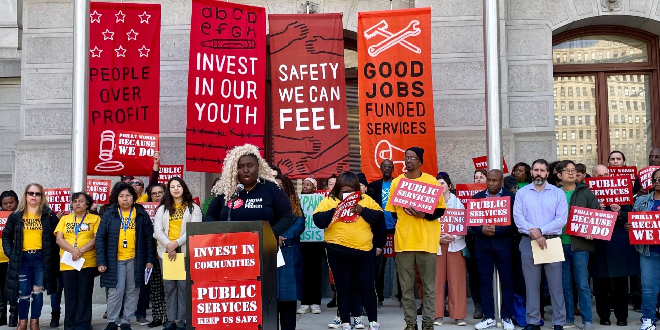 Nikki grant speaks at a people's budget rally