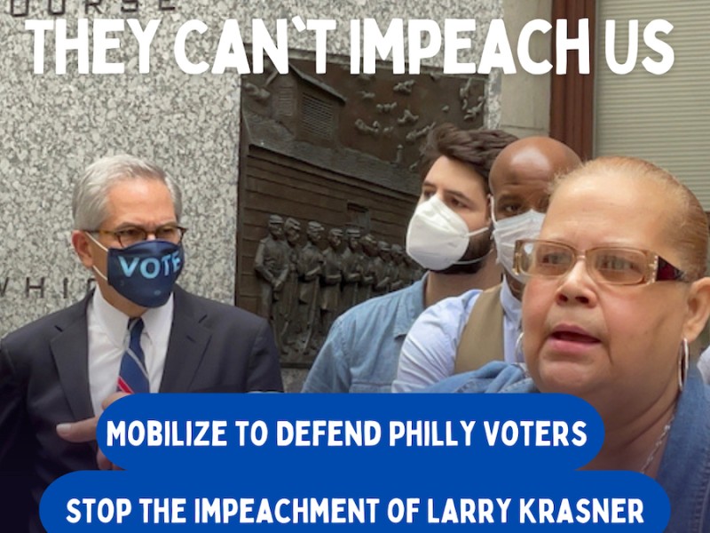 a graphic showa DA Larry Krasner and Mrs Dee Dee with the words 'You Can't Impeach Us' over head