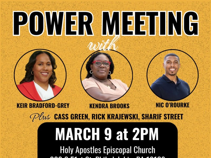 an image says Power Meeting and features photos of Keir Bradford-Grey, Kendra Brooks and Nic O'Rourle