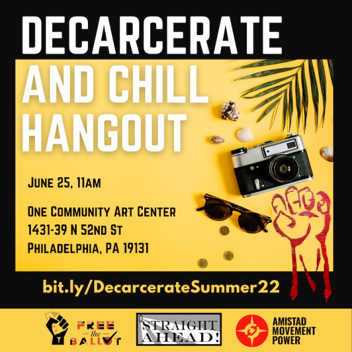 an image reads decarcerate and chill hangout with sunglasses a camera, a plan plant and a red fist over a yellow background
