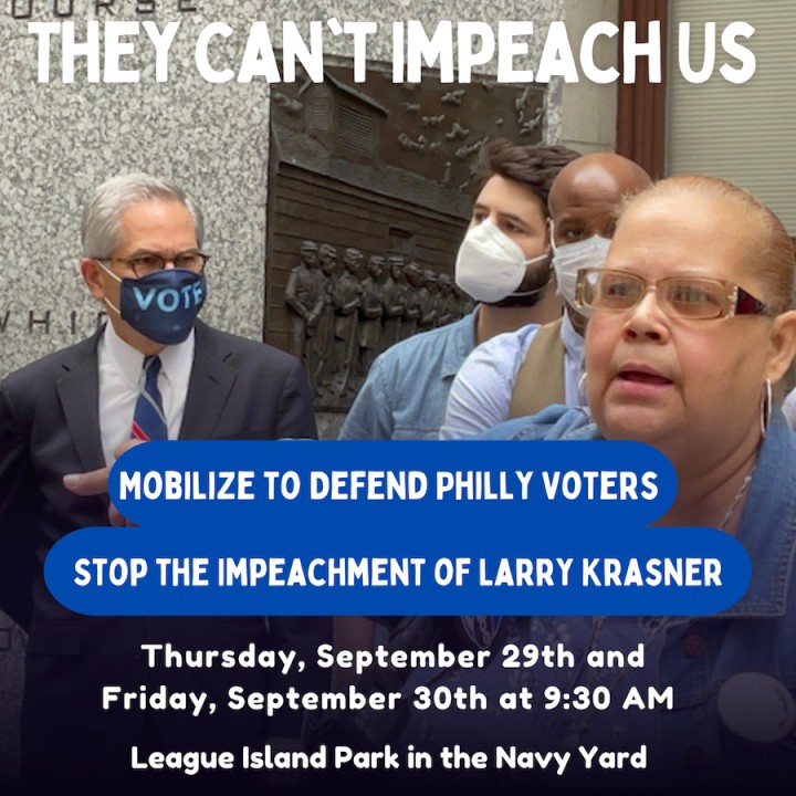 a graphic showa DA Larry Krasner and Mrs Dee Dee with the words 'You Can't Impeach Us' over head