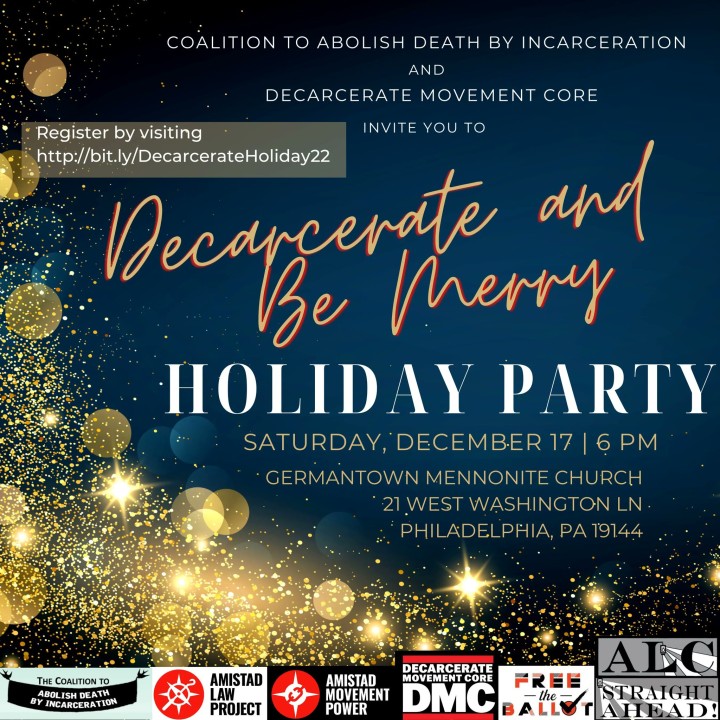 a flyer reads Decarcerate and Be Merry Holiday Party