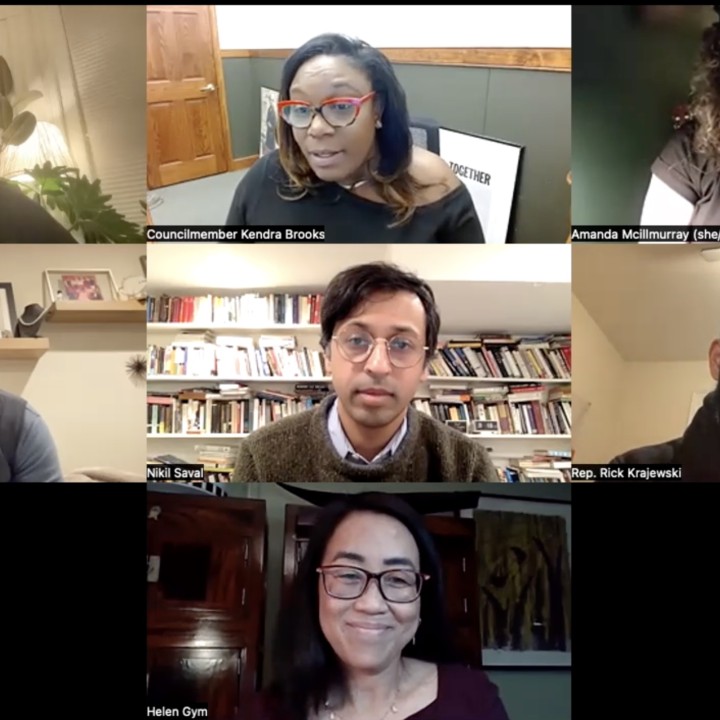 A zoom panel screenshot features a number of progressive elected movement leaders and candidates for office