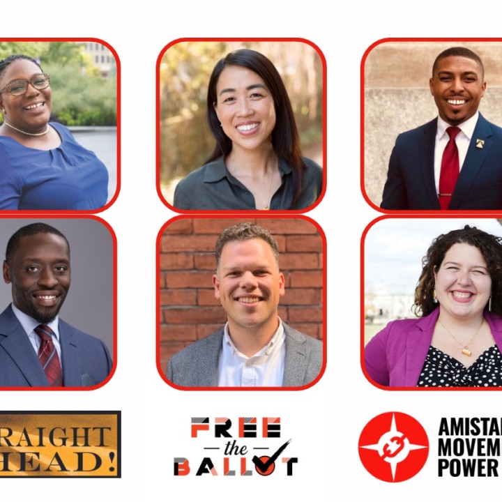 a photo shows candidates for office that amistad movement power, straight ahead and free the ballot are endorsing