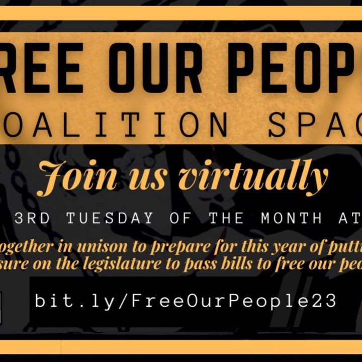A flier reads 'Free Our Coalition Space: Join Us Virtually Every 3rd Tuesday at 6 PM