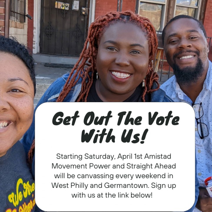 Nikki, Kris and Derrick smile for the camera with the text 'Get Out the Vote WIth Us' below