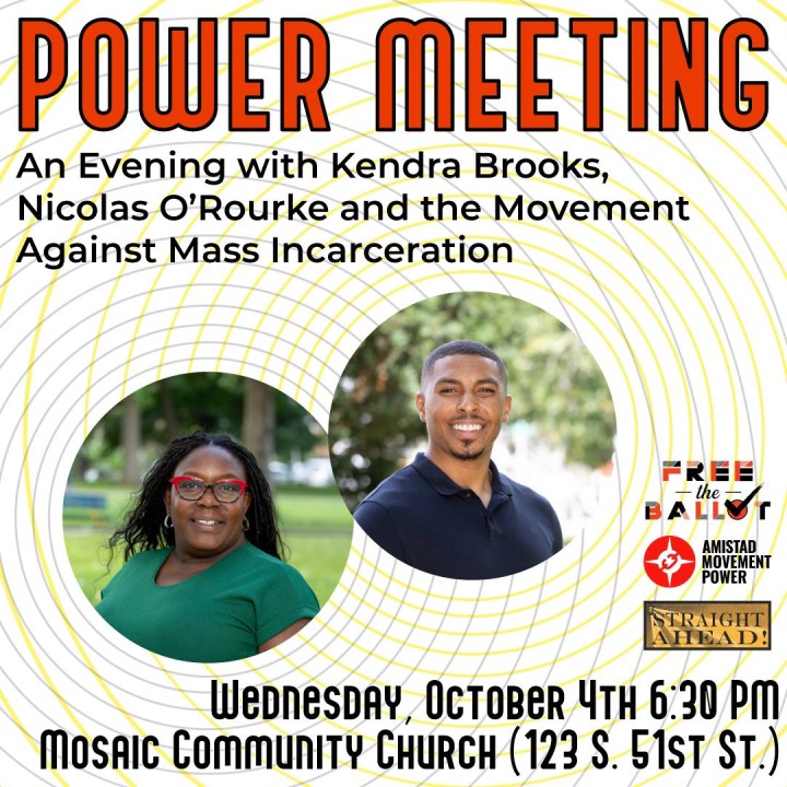 a graphic says Power Meeting at the top with photos of Kendra Brooks and Nicolas O'Rourke