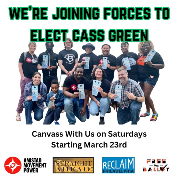 Amistad Movement Power canvassers pose for a photo under a headline that says we're joining forces to elect cass green